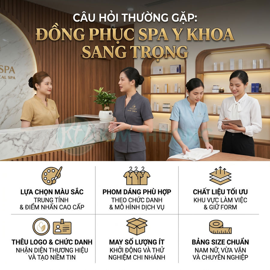 Đồng phục spa y khoa cao cấp cho nhân viên lễ tân và kỹ thuật viên trong không gian spa sang trọng