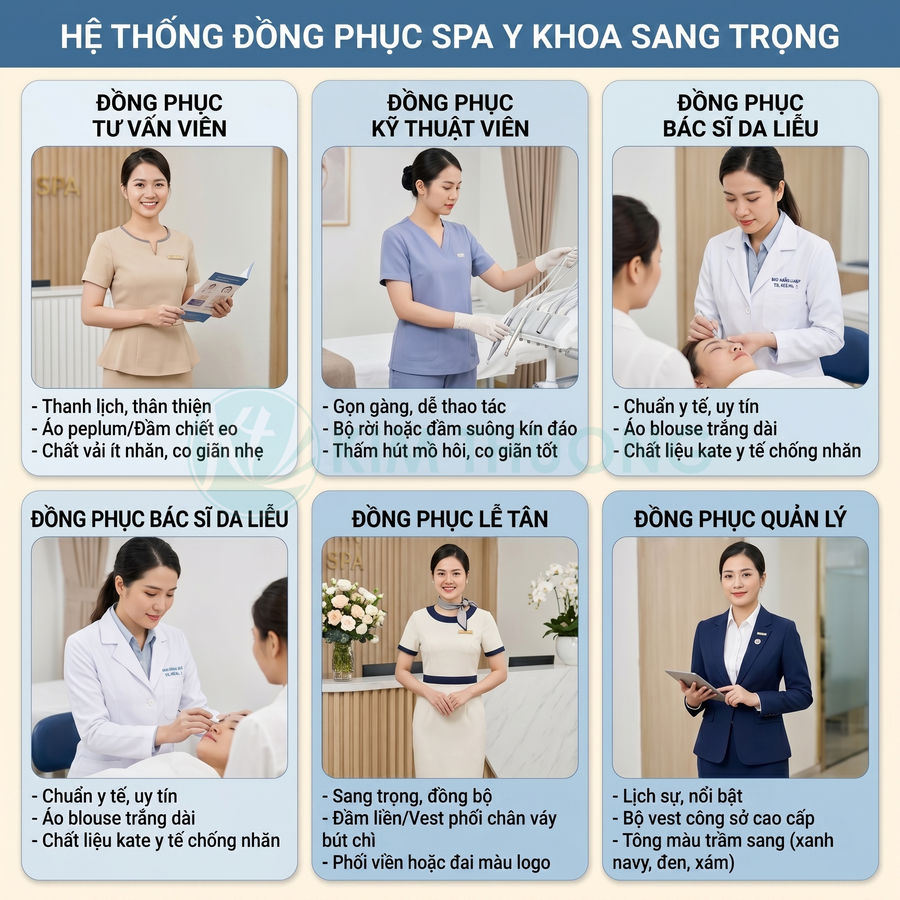 Bộ sưu tập đồng phục spa và y khoa cao cấp cho tư vấn viên, kỹ thuật viên, bác sĩ, lễ tân và quản lý