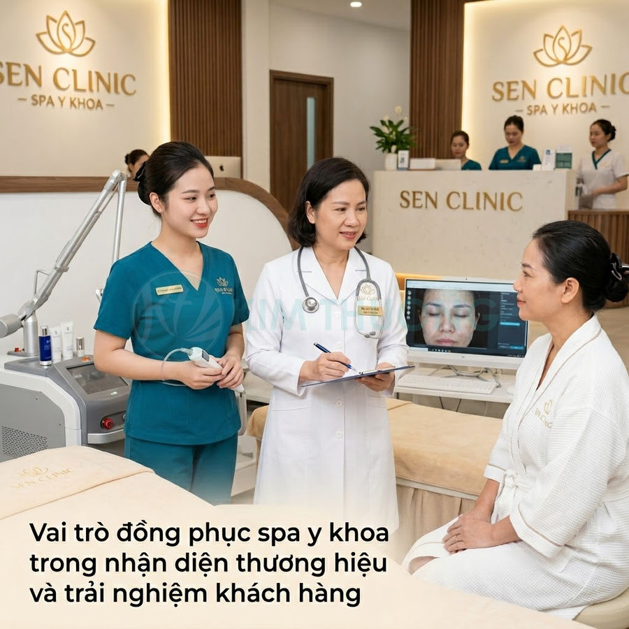 Bác sĩ và nhân viên Sen Clinic tư vấn chăm sóc da cho khách hàng trong phòng spa y khoa