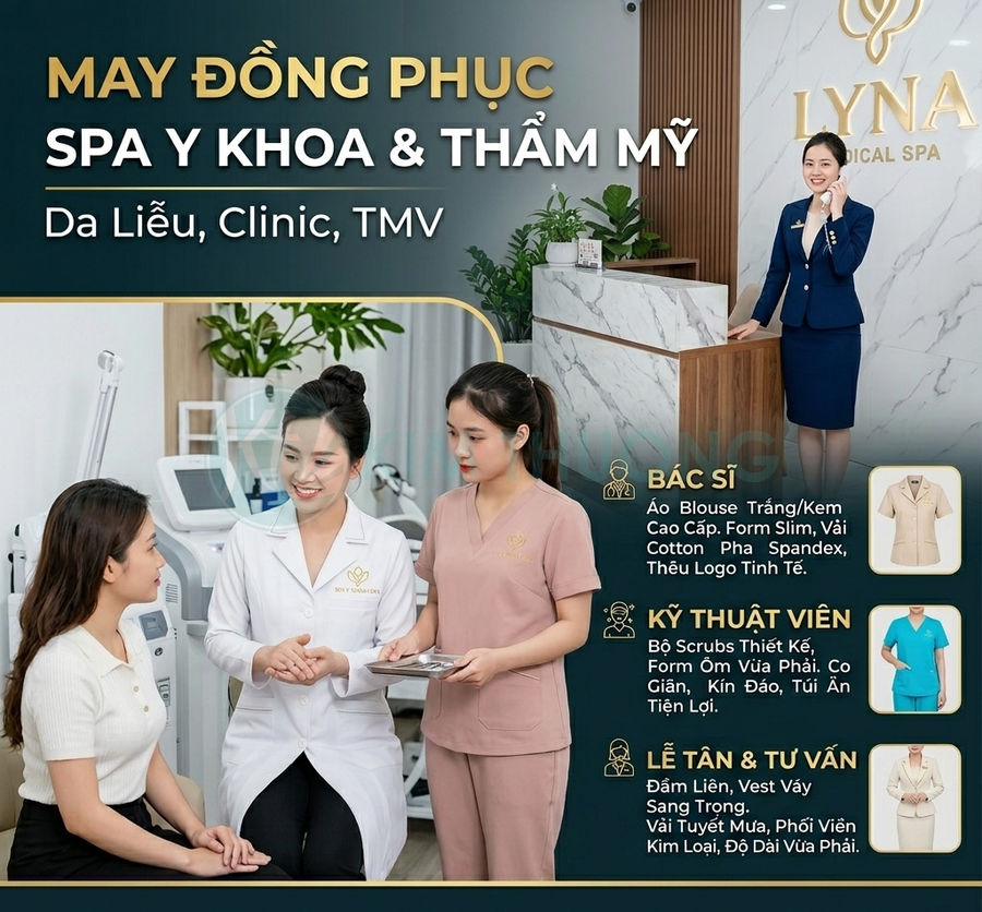 Đồng phục spa y khoa Lyna Medical Spa cho bác sĩ, kỹ thuật viên, lễ tân với thiết kế chuyên nghiệp, sang trọng