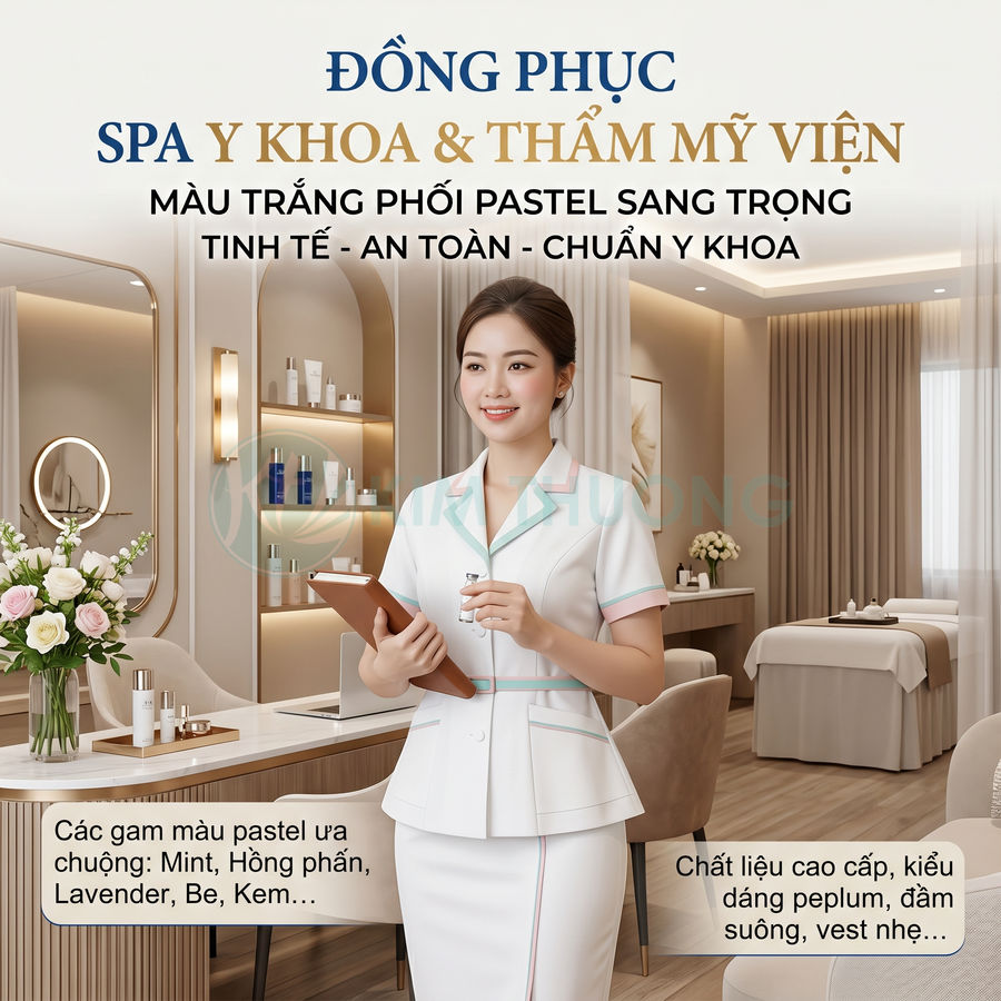 Đồng phục spa y khoa màu trắng phối pastel sang trọng cho nhân viên nữ trong không gian spa hiện đại