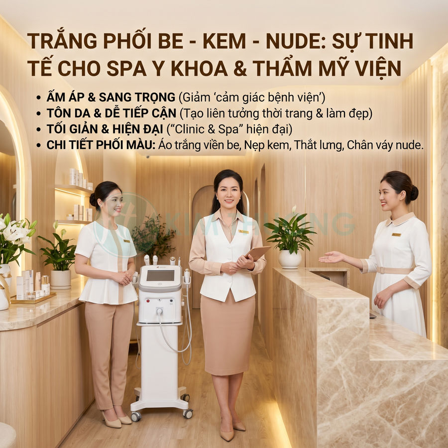 Nhân viên spa mặc đồng phục trắng be kem đứng cạnh máy thẩm mỹ trong không gian spa sang trọng