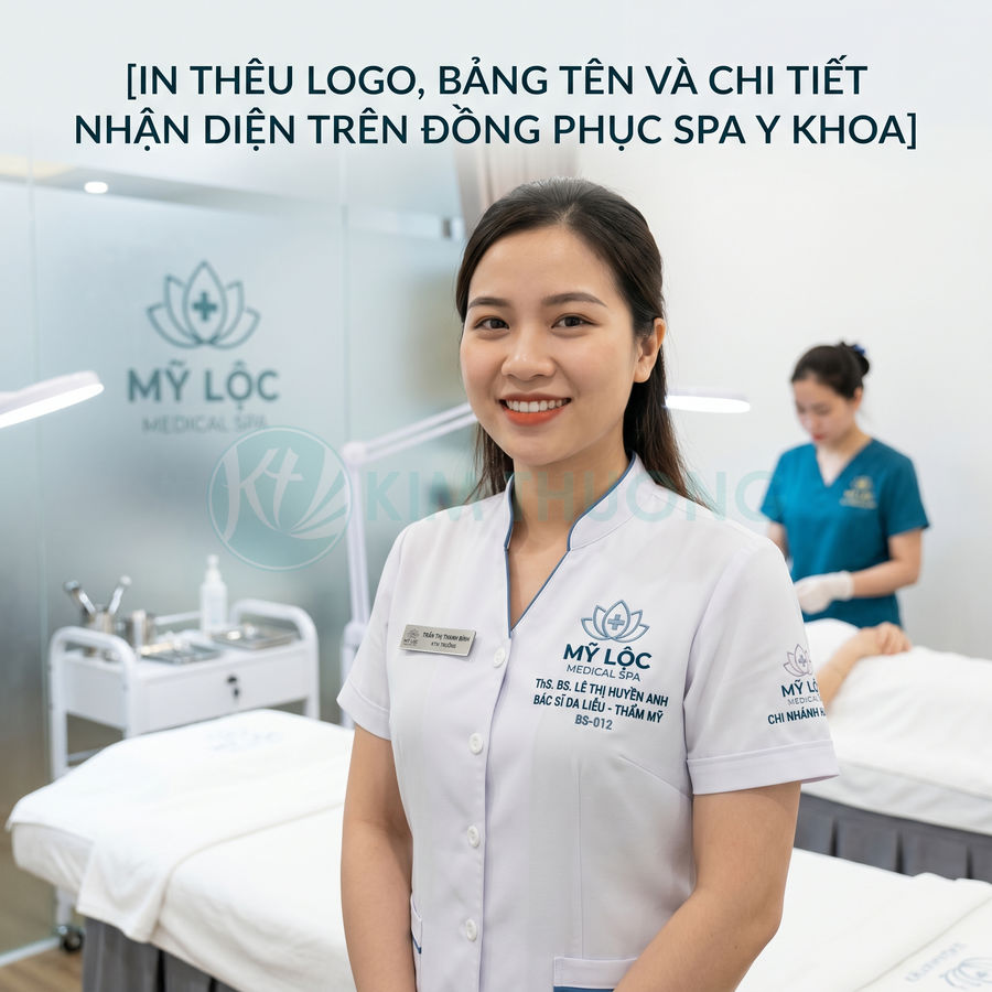 Đồng phục spa y khoa Mỹ Lộc thêu logo và bảng tên cho nhân viên trong phòng điều trị spa
