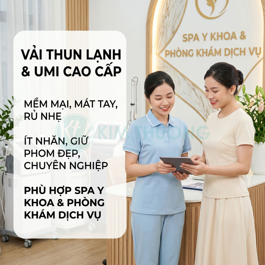 Đồng phục spa y khoa vải thun lạnh umi cao cấp màu xanh và kem cho nhân viên phòng khám dịch vụ