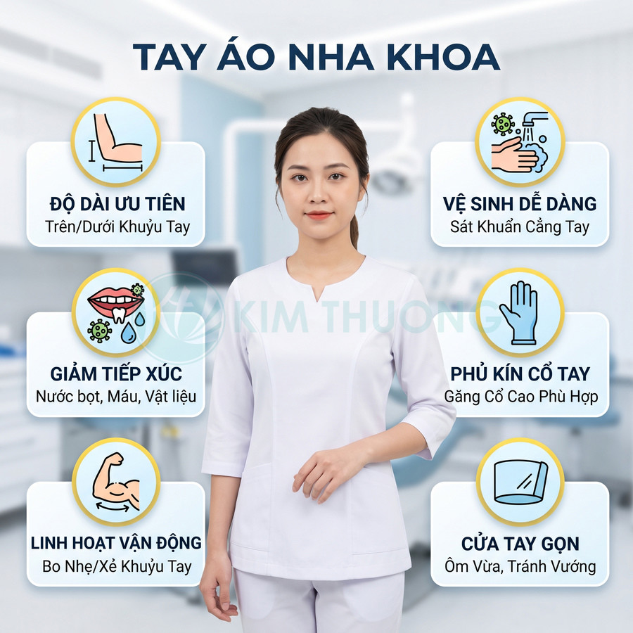 Áo đồng phục nha khoa tay lửng màu trắng cho nữ, thiết kế ôm vừa, dễ vệ sinh và linh hoạt vận động