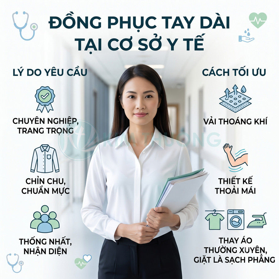 Nhân viên y tế mặc áo sơ mi đồng phục tay dài màu trắng, cầm hồ sơ đứng trong hành lang bệnh viện