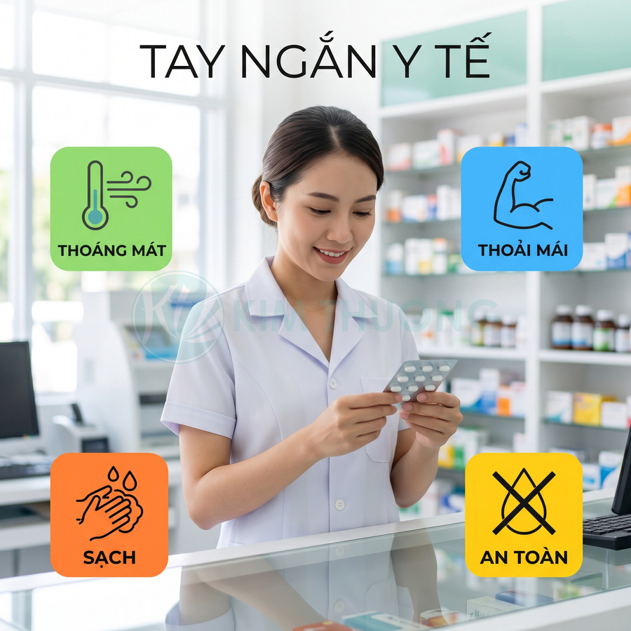 Áo blouse tay ngắn y tế màu trắng cho dược sĩ, thiết kế thoáng mát sạch sẽ và thoải mái khi làm việc