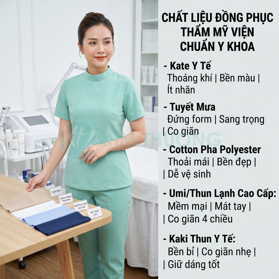 Nhân viên thẩm mỹ viện mặc đồng phục y tế màu xanh mint đứng cạnh bàn trưng bày mẫu vải đồng phục