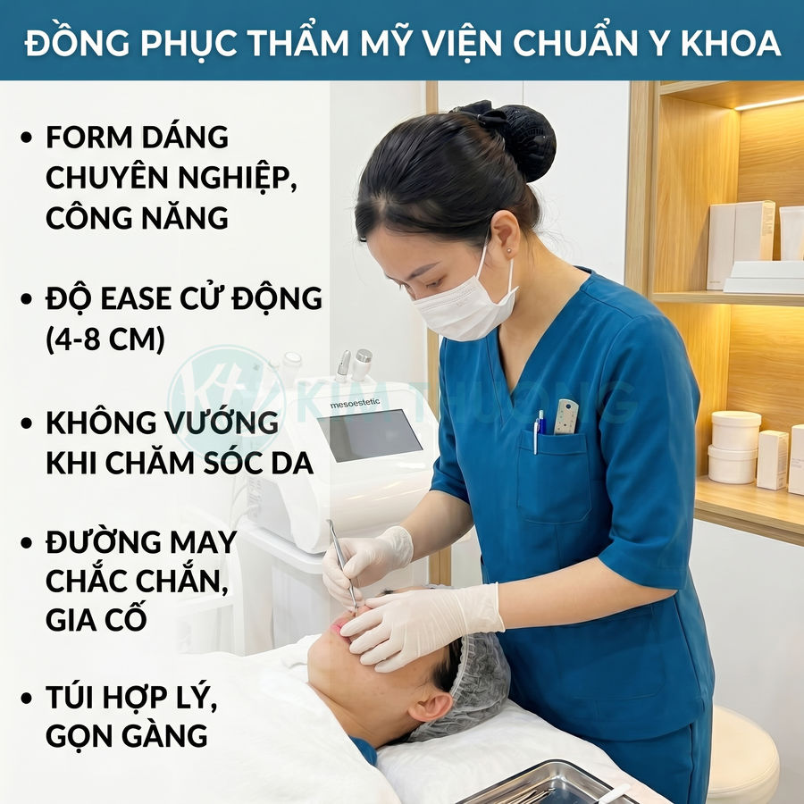 Đồng phục thẩm mỹ viện màu xanh cho kỹ thuật viên chăm sóc da mặt khách hàng trên giường spa
