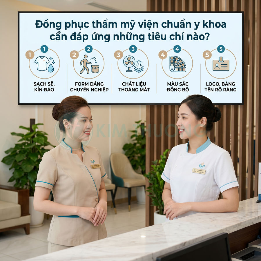 Đồng phục nhân viên thẩm mỹ viện màu be và trắng thiết kế kín đáo, chuyên nghiệp, logo in ngực trái