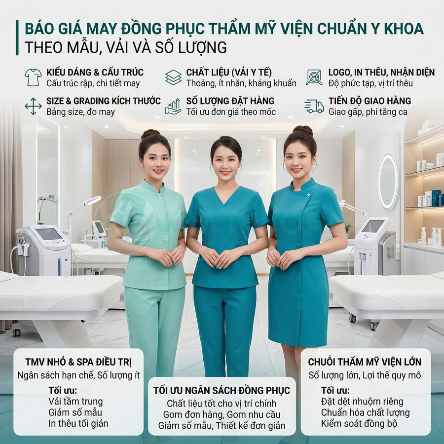 Đồng phục thẩm mỹ viện chuẩn y khoa màu xanh cho nhân viên nữ trong không gian spa hiện đại
