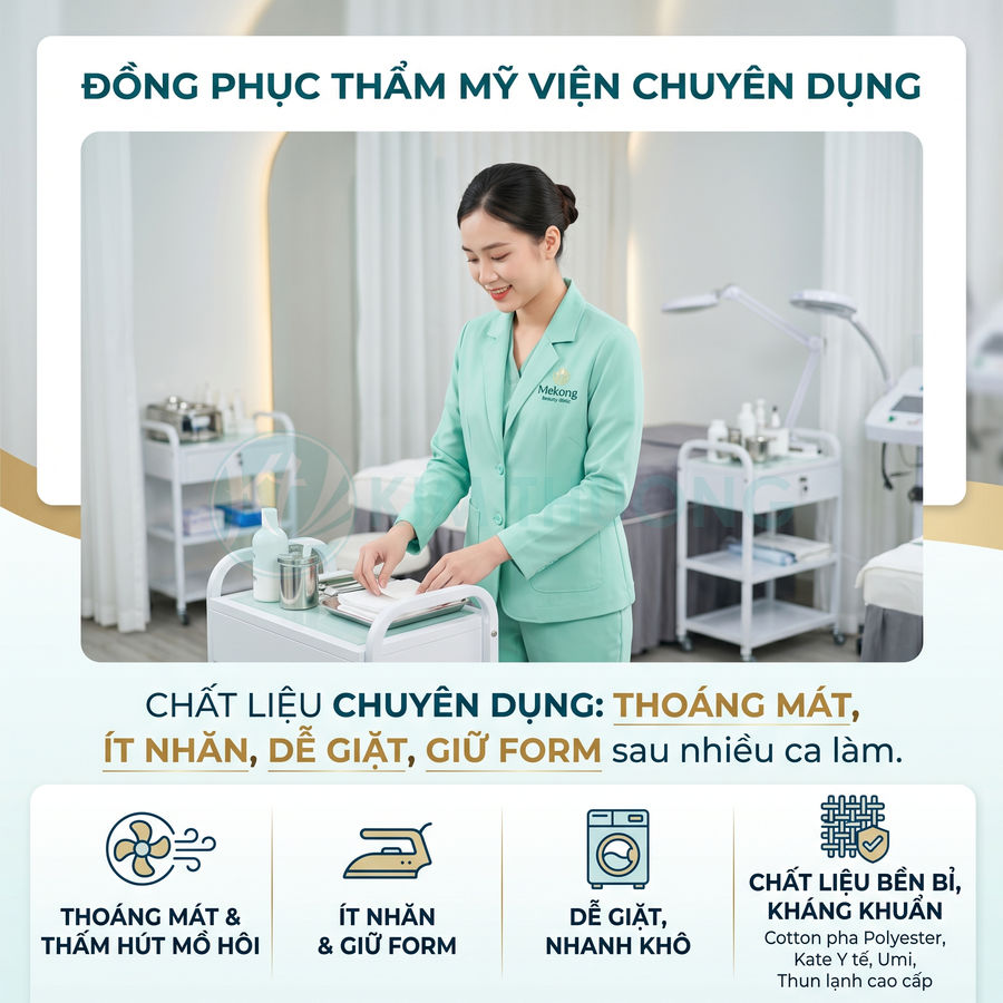 Đồng phục thẩm mỹ viện màu xanh ngọc Mekong, chất liệu thoáng mát ít nhăn, nhân viên nữ mặc trong phòng spa
