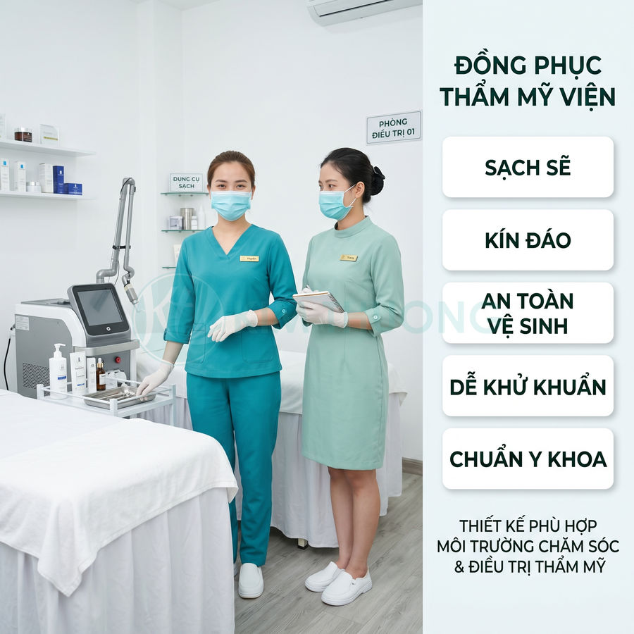 Đồng phục nhân viên thẩm mỹ viện màu xanh sạch sẽ kín đáo trong phòng điều trị hiện đại chuẩn y khoa
