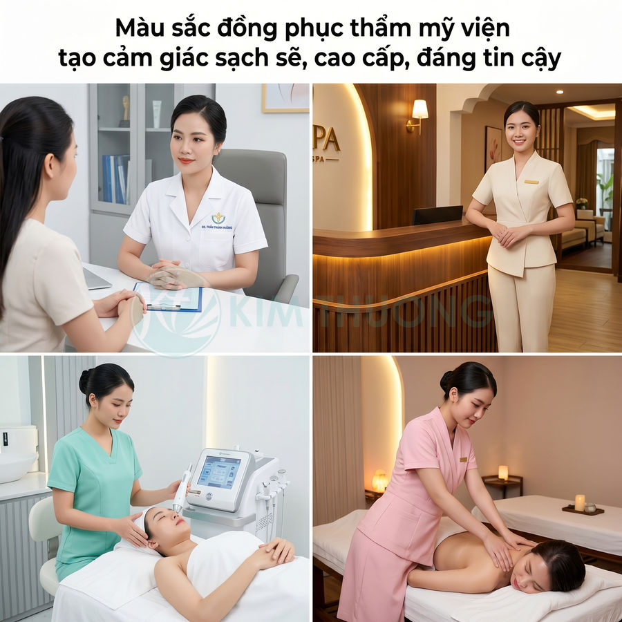 Nhân viên thẩm mỹ viện trong các mẫu đồng phục cao cấp khi tư vấn, chăm sóc da và massage cho khách hàng