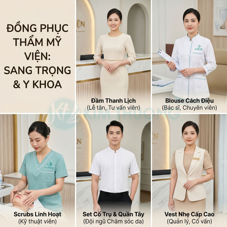 Đồng phục thẩm mỹ viện sang trọng gồm váy lễ tân, blouse bác sĩ, scrubs kỹ thuật viên và vest tư vấn viên