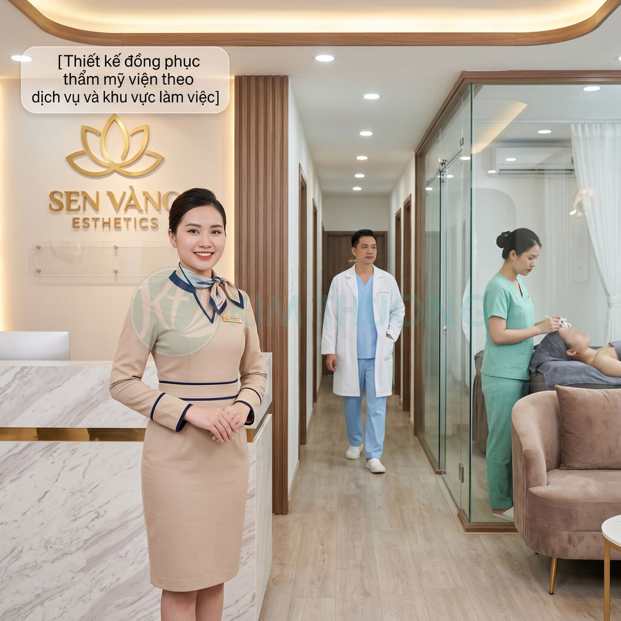 Nhân viên lễ tân mặc đồng phục thẩm mỹ viện Sen Vàng Esthetics trong không gian spa hiện đại