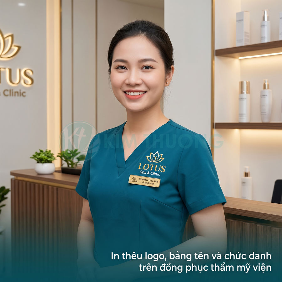 Đồng phục thẩm mỹ viện Lotus Spa & Clinic màu xanh in thêu logo và bảng tên nhân viên