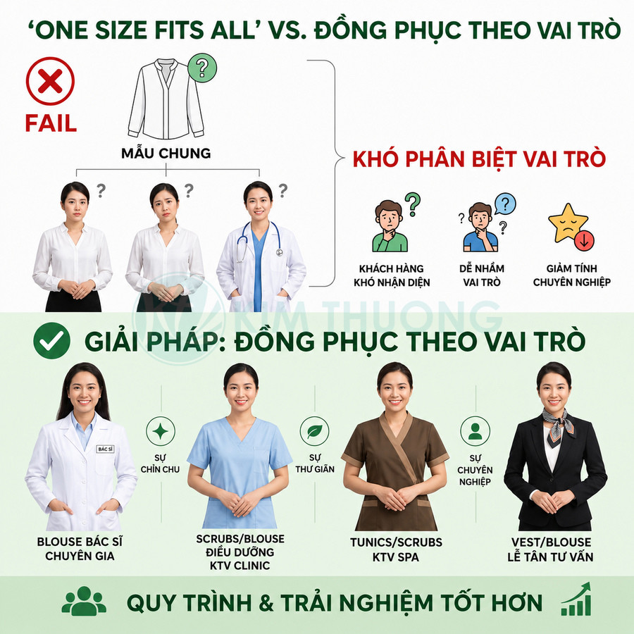 Mẫu đồng phục spa và phòng khám cho bác sĩ, điều dưỡng, kỹ thuật viên, lễ tân với thiết kế theo từng vai trò