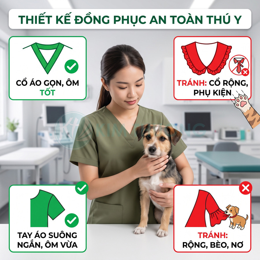 Đồng phục thú y cổ tim ôm gọn tay ngắn màu xanh, nữ bác sĩ thú y bế chó nhỏ trong phòng khám