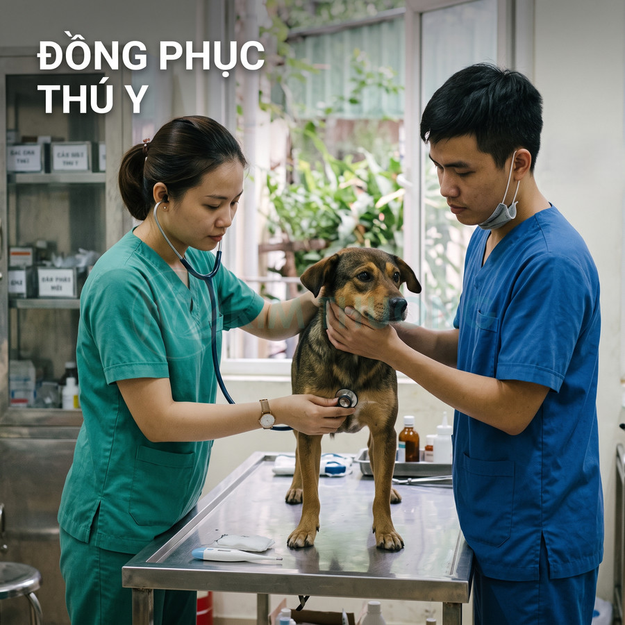 Bác sĩ thú y mặc đồng phục y tế xanh khám sức khỏe cho chó trong phòng khám