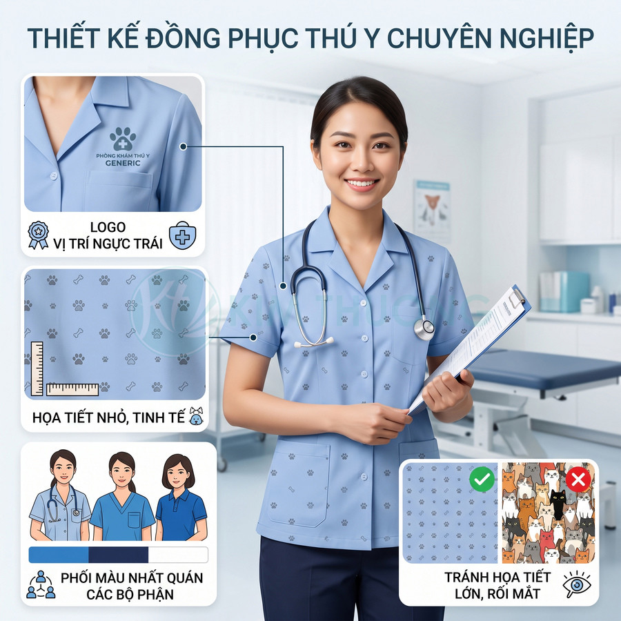 Đồng phục thú y màu xanh nhạt họa tiết chân chó nhỏ, logo phòng khám thú y ở ngực trái, phong cách chuyên nghiệp