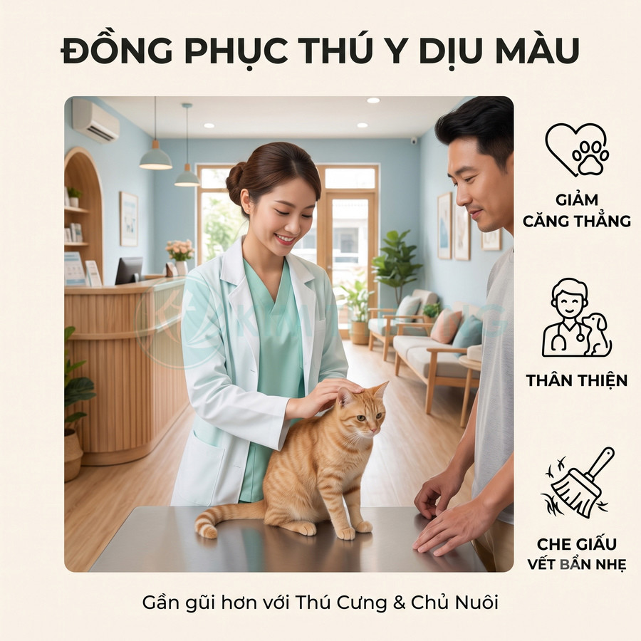 Bác sĩ thú y mặc đồng phục màu pastel khám mèo cho khách tại phòng khám thú y hiện đại