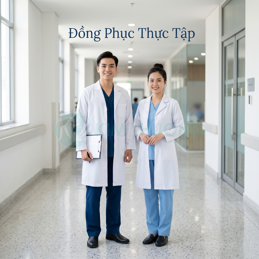 Đồng phục thực tập y khoa màu xanh và áo blouse trắng cho nam nữ trong bệnh viện