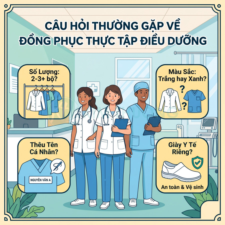 Đồng phục thực tập điều dưỡng màu trắng và xanh, áo blouse, scrub, giày y tế trắng an toàn vệ sinh