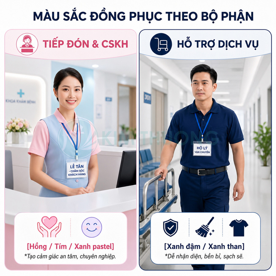 Đồng phục bệnh viện cho lễ tân màu hồng xanh pastel và hộ lý vận chuyển màu xanh đậm trong hành lang khám chữa bệnh