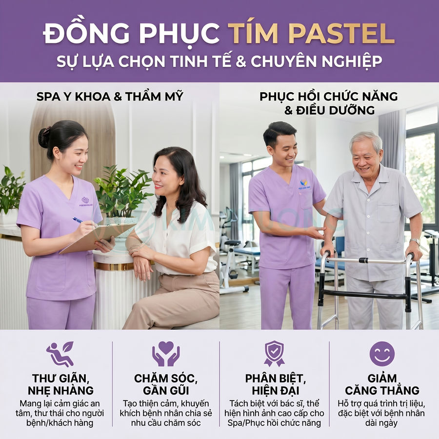 Đồng phục y tế màu tím pastel cho nhân viên spa, điều dưỡng và phục hồi chức năng chuyên nghiệp