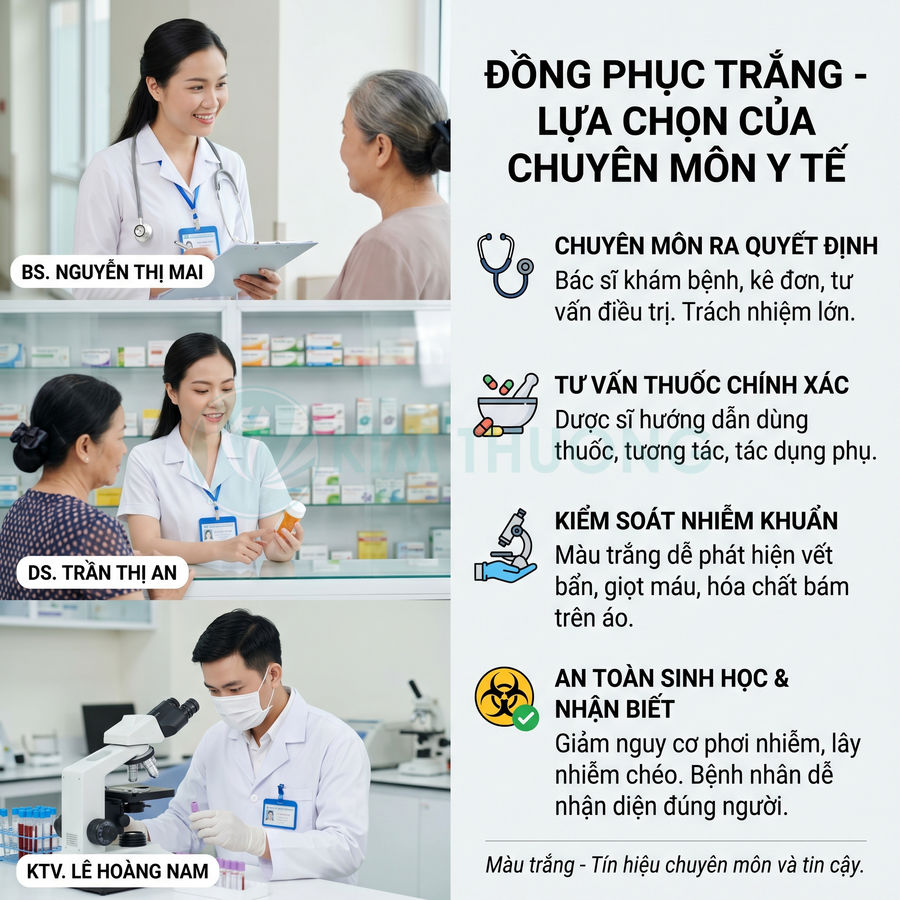 Bác sĩ, dược sĩ và kỹ thuật viên mặc đồng phục trắng khám bệnh, tư vấn thuốc và làm xét nghiệm trong cơ sở y tế