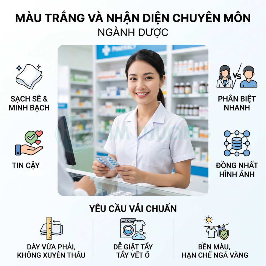 Đồng phục áo blouse trắng cho nhân viên ngành dược đứng tư vấn thuốc tại quầy nhà thuốc hiện đại