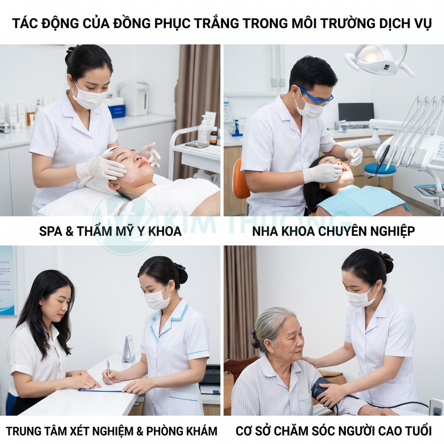 Nhân viên y tế mặc đồng phục trắng chăm sóc khách hàng tại spa, nha khoa, phòng khám và cơ sở dưỡng lão