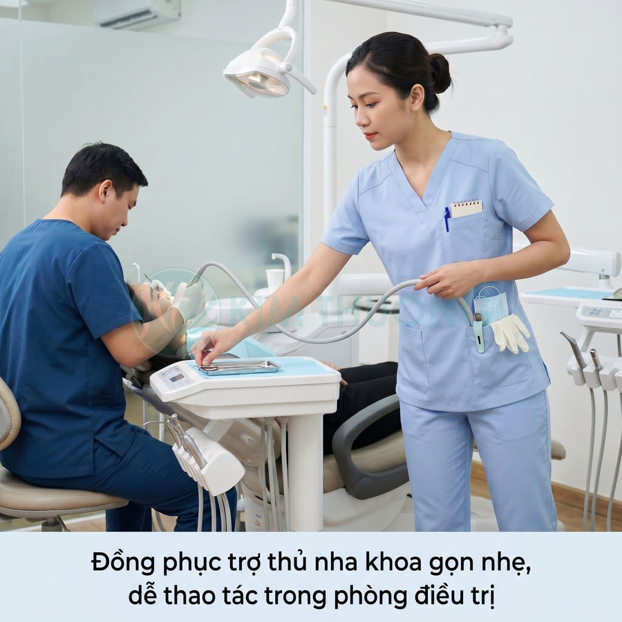 Đồng phục trợ thủ nha khoa màu xanh nhạt gọn nhẹ, phù hợp làm việc trong phòng khám răng