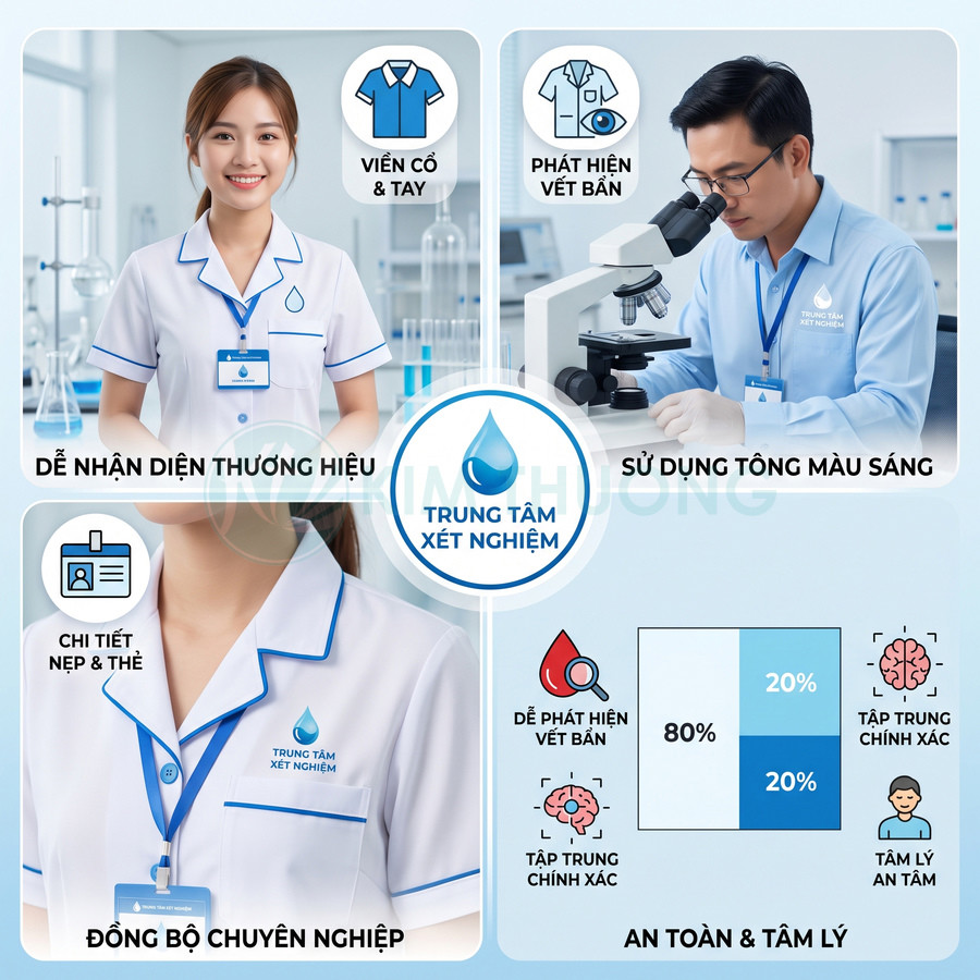 Đồng phục nhân viên trung tâm xét nghiệm màu trắng viền xanh, logo giọt nước, thẻ tên đeo cổ chuyên nghiệp