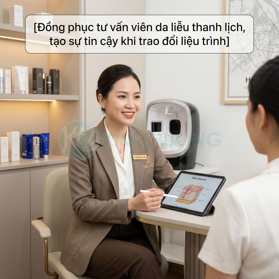 Tư vấn viên da liễu mặc đồng phục thanh lịch, dùng máy tính bảng giải thích liệu trình cho khách hàng
