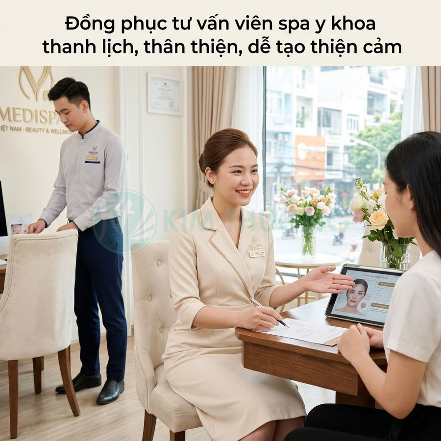 Đồng phục tư vấn viên spa y khoa màu be thanh lịch, nhân viên tư vấn khách hàng trong không gian spa hiện đại