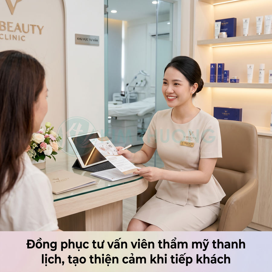 Đồng phục tư vấn viên thẩm mỹ màu be thanh lịch trong phòng khám V Beauty Clinic