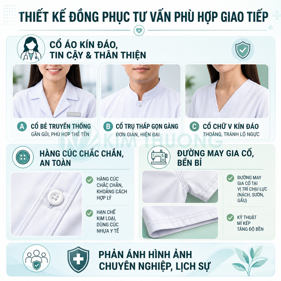 Thiết kế đồng phục y tế cổ kín đáo màu trắng, hàng cúc chắc chắn và đường may gia cố bền đẹp