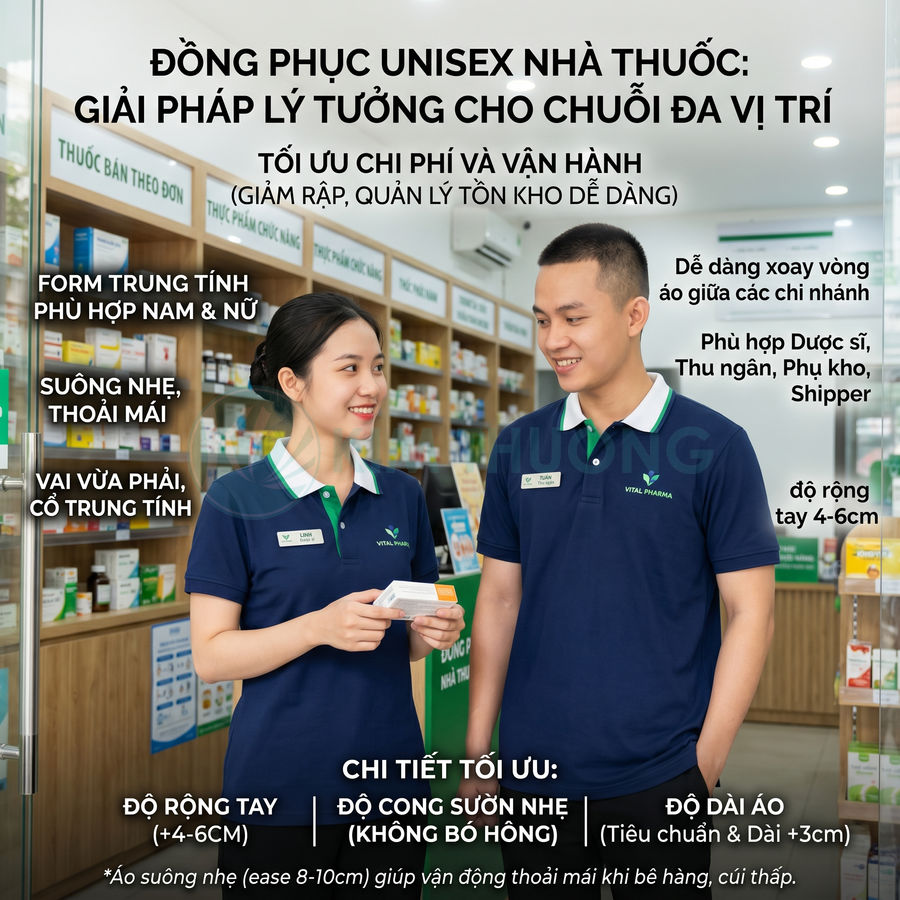 Đồng phục unisex nhà thuốc Vital Pharma màu xanh navy cổ bẻ cho nhân viên bán thuốc