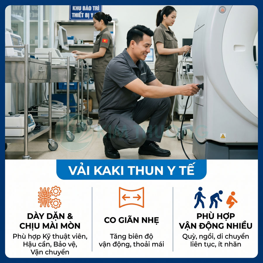Đồng phục kỹ thuật viên bệnh viện bằng vải kaki thun y tế màu xám, co giãn nhẹ, dày dặn, phù hợp vận động nhiều