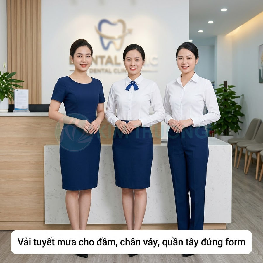 Đồng phục công sở nữ vải tuyết mưa gồm đầm, chân váy và quần tây xanh navy form đứng
