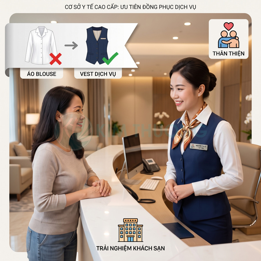Nhân viên lễ tân mặc vest dịch vụ màu xanh tư vấn khách hàng tại quầy tiếp đón cơ sở y tế cao cấp