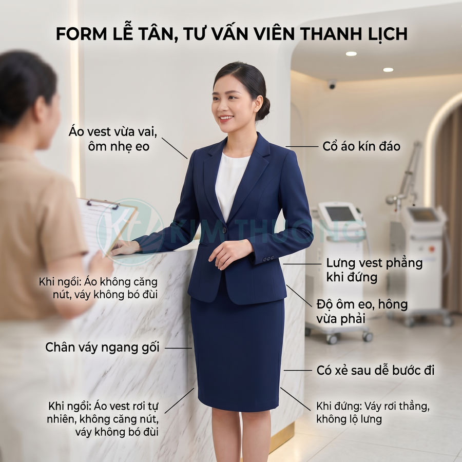 Nhân viên lễ tân mặc bộ vest nữ màu xanh navy thanh lịch với chân váy bút chì ngang gối