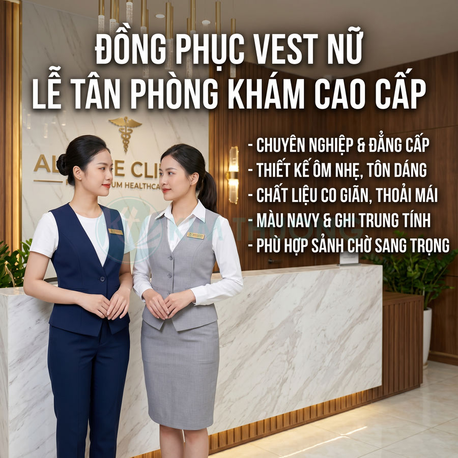 Đồng phục vest nữ lễ tân phòng khám cao cấp màu navy và ghi, thiết kế ôm nhẹ tôn dáng, chất liệu co giãn thoải mái