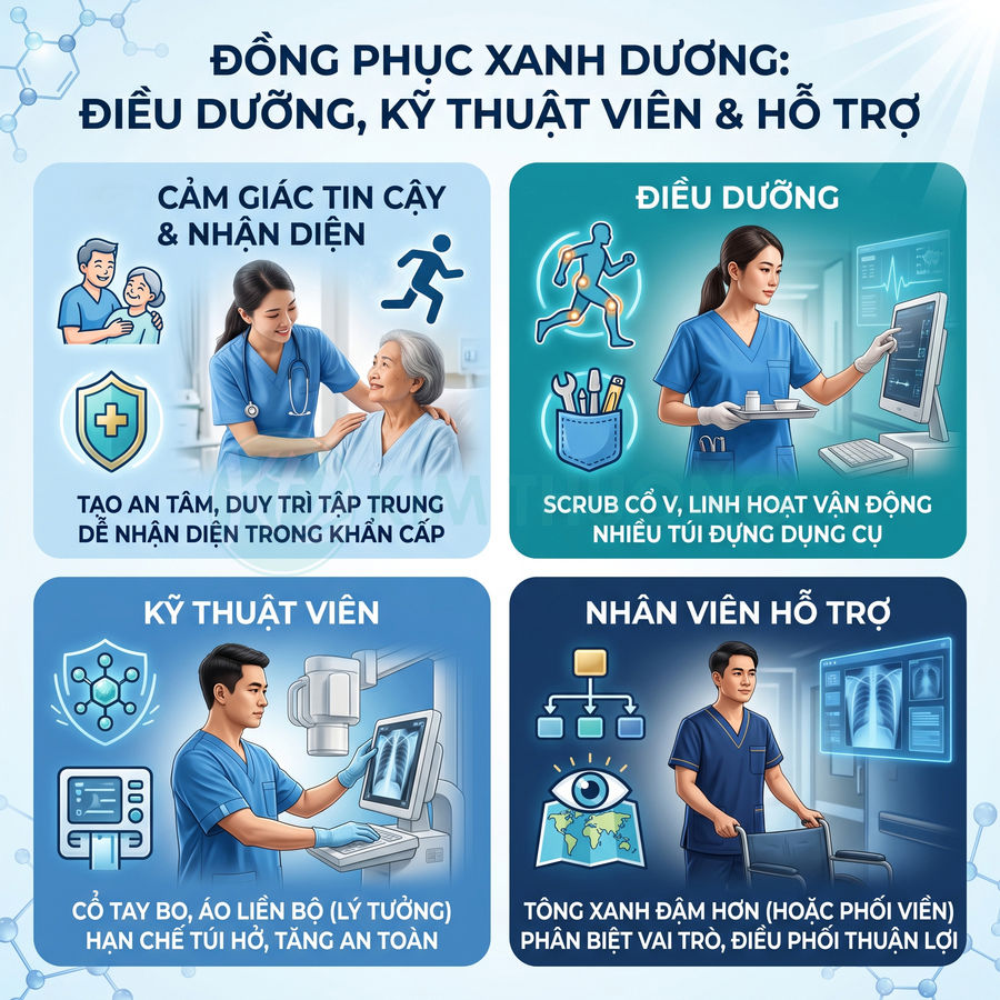 Đồng phục y tế xanh dương cho điều dưỡng, kỹ thuật viên và nhân viên hỗ trợ trong bệnh viện
