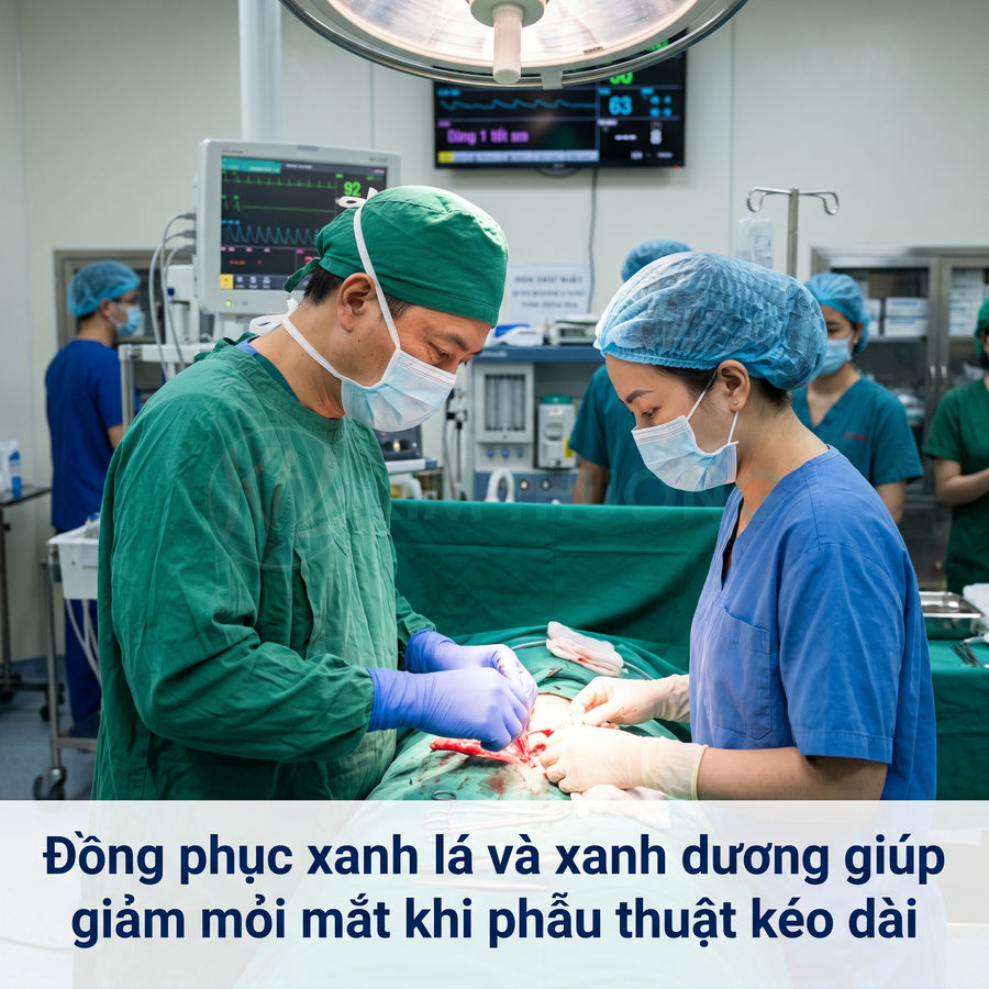 Bác sĩ mặc đồng phục phẫu thuật xanh lá và xanh dương đang mổ cho bệnh nhân trong phòng mổ hiện đại