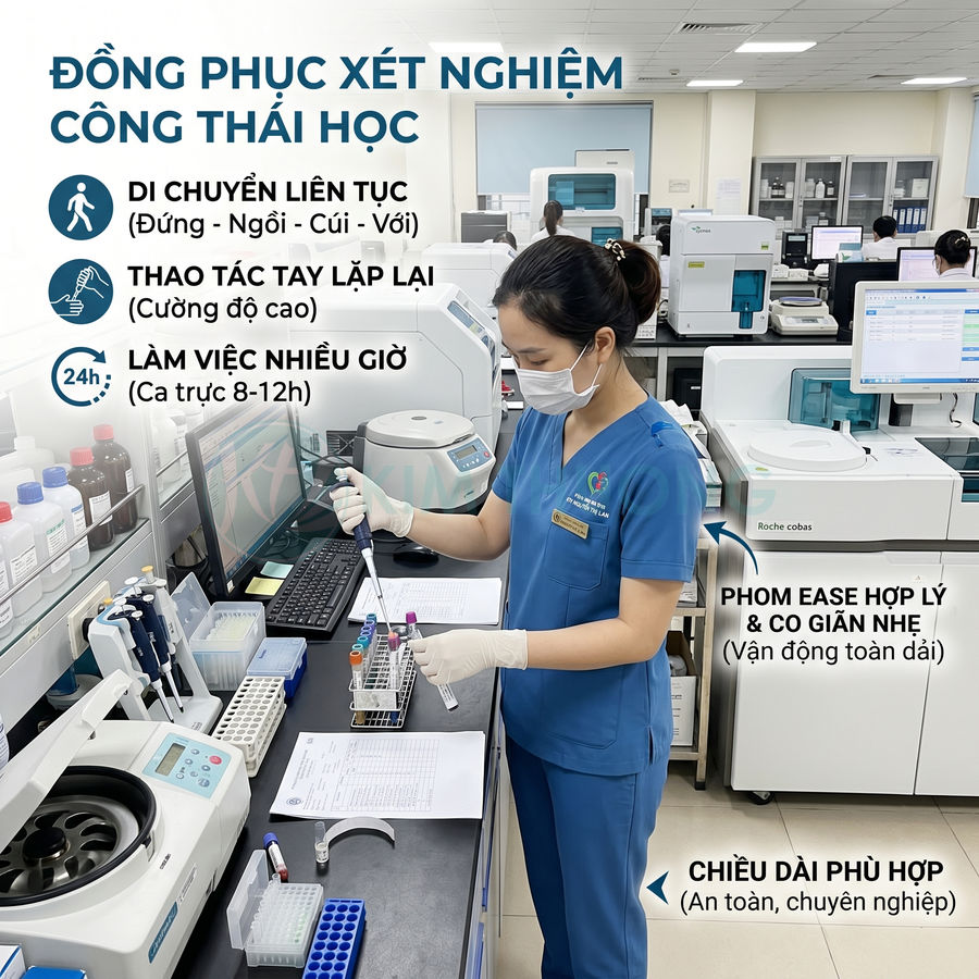 Nhân viên xét nghiệm mặc đồng phục y tế công thái học màu xanh đang làm việc trong phòng lab hiện đại