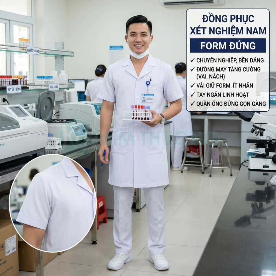 Đồng phục xét nghiệm nam form đứng màu trắng tay ngắn quần ống đứng trong phòng thí nghiệm