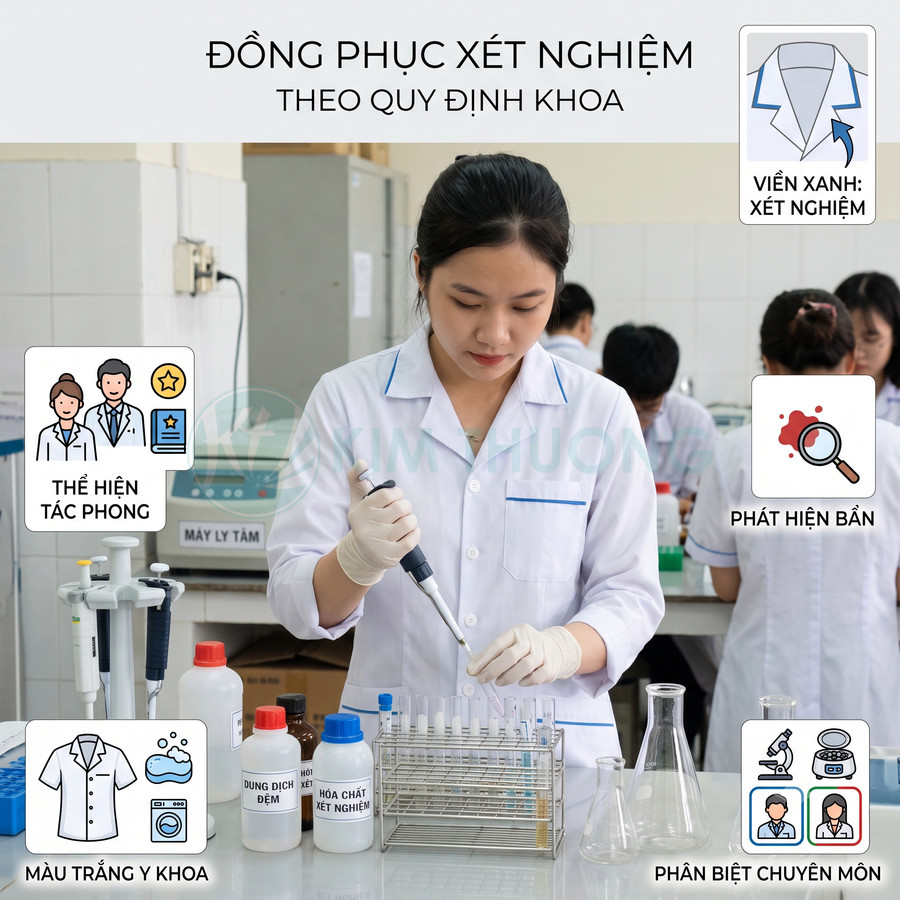 Nhân viên phòng thí nghiệm mặc áo blouse trắng viền xanh đang dùng micropipette làm xét nghiệm